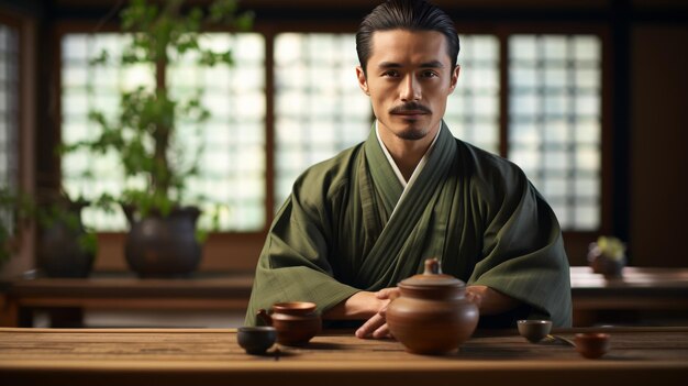 Photo a man sitting at a table with a bowl of food