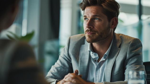 Photo a man sitting at a table with a glass of water suitable for health and wellness concepts