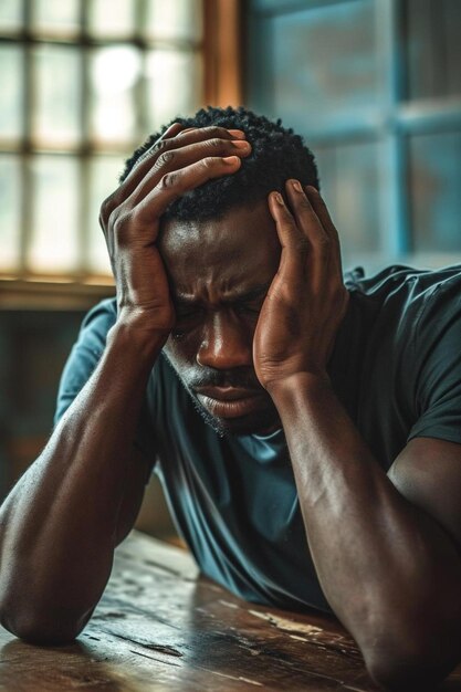 Photo a man sitting at a table with his head in his hands