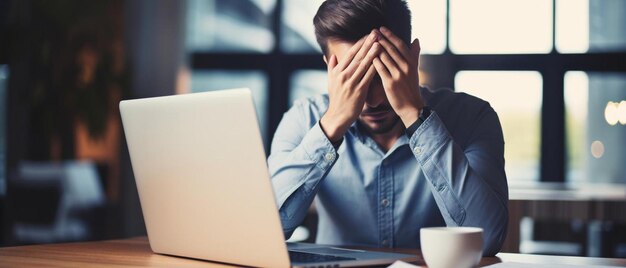 a man sitting at a table with a laptop covering his face