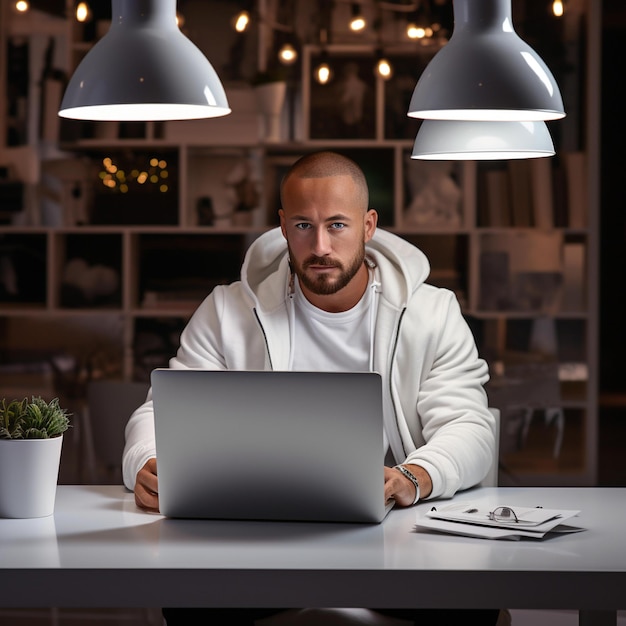 Man Sitting At A Table With A Laptop