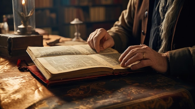 Man Sitting at Table With Open Book Reading and Learning World Book Day