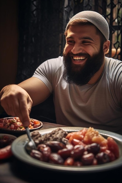 Foto un uomo seduto a un tavolo con un piatto di cibo