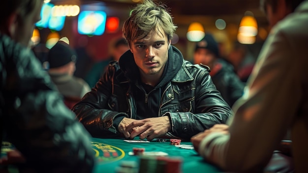 Человек, сидящий за столом с фишками покера