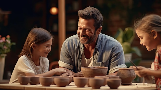 Man Sitting at Table With Two Little Girls Father Day