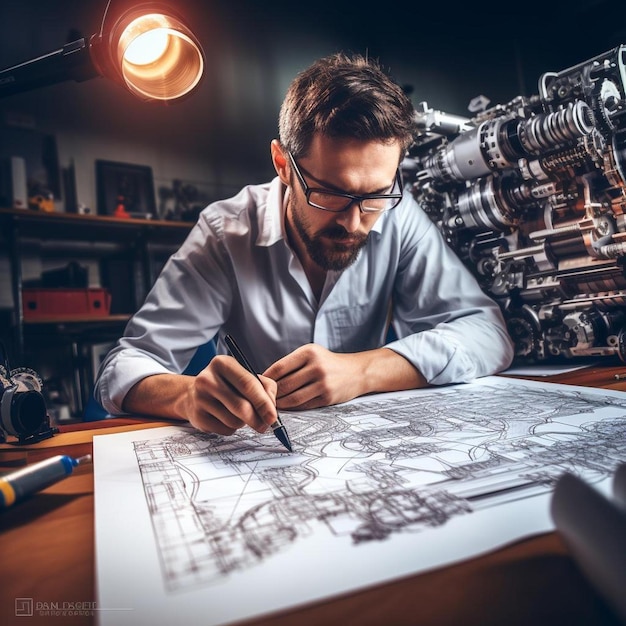 a man sitting at a table working on a blueprint