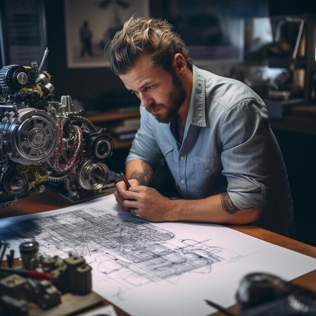 a man sitting at a table working on a drawing