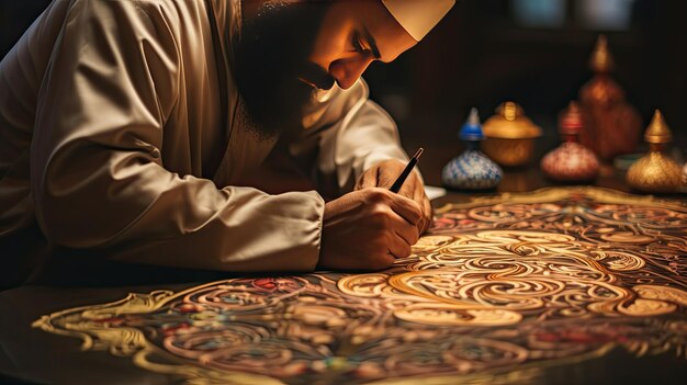 Photo man sitting at table working on a painting ramdan