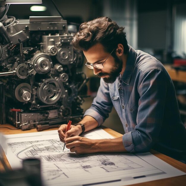 Photo a man sitting at a table working on a project