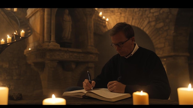 a man sitting at a table writing in a book