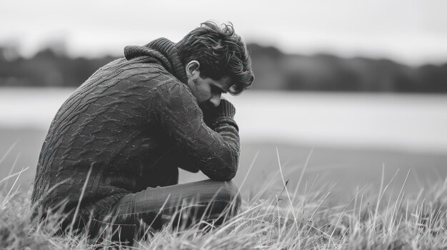 Photo man sitting in tall grass field