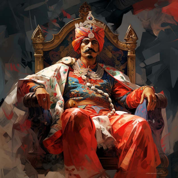 a man sitting on a throne with a red turban