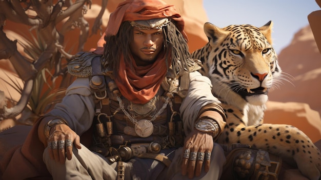 Man Sitting Next to Tiger in Desert