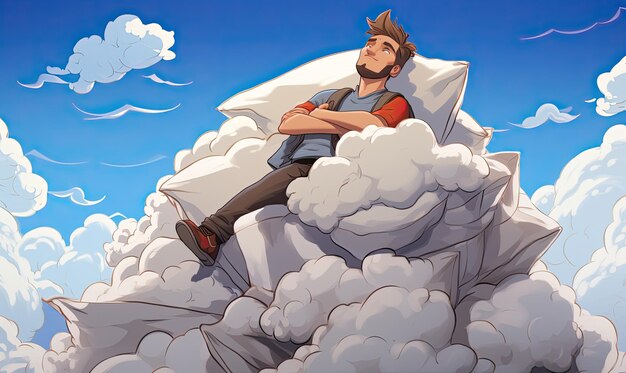 Photo a man sitting on top of a cloud covered mountain