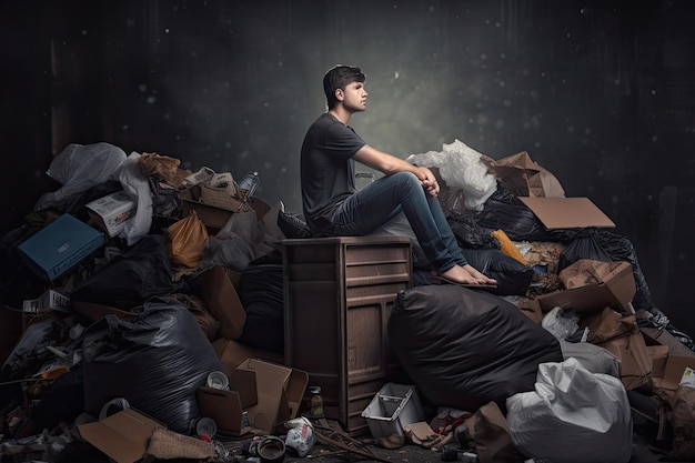 Man sitting on top of huge dump Environmental pollution concept Created with Generative AI