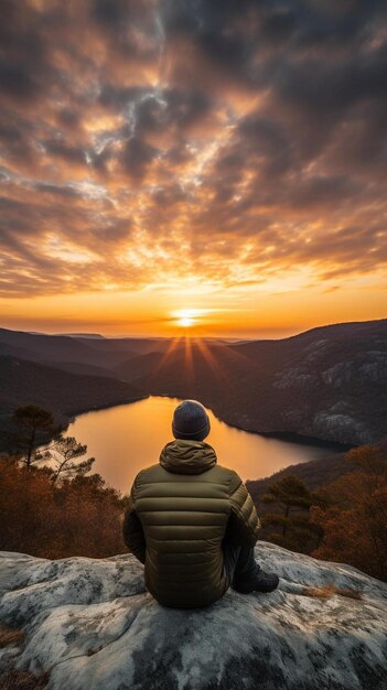 Photo a man sitting on top of a large rock