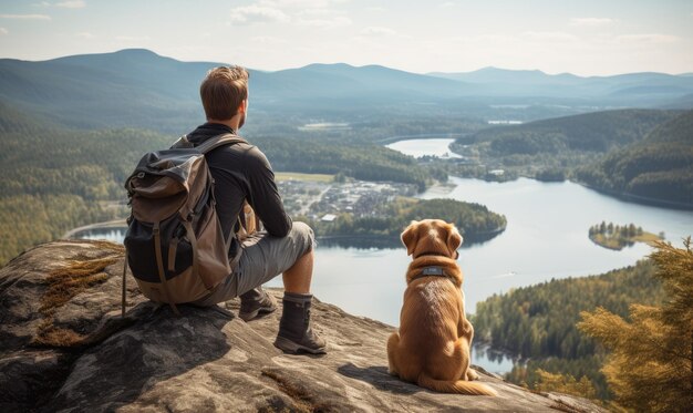 Photo a man sitting on top of a rock next to a dog