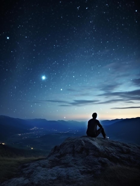 Foto un uomo seduto sulla cima di una roccia sotto un cielo notturno