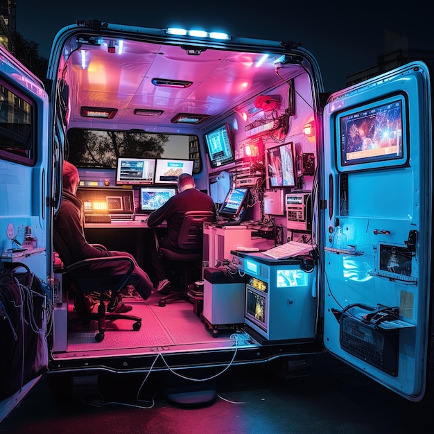 Photo a man sitting in a van with a purple light on the back
