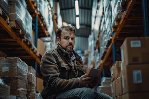 Photo man sitting in warehouse using tablet