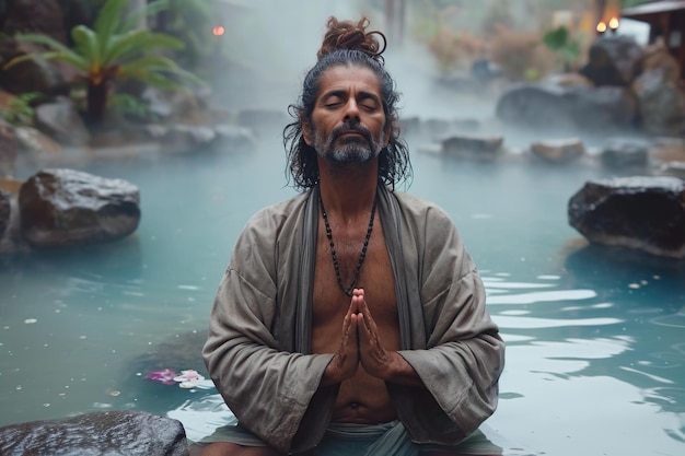 A man sitting in the water practicing yoga enjoying meditation