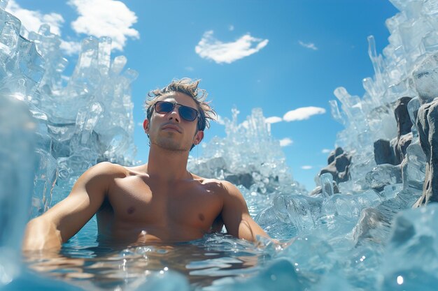 A man sitting in the water with icebergs in the background Global warming people bathe between icebergs