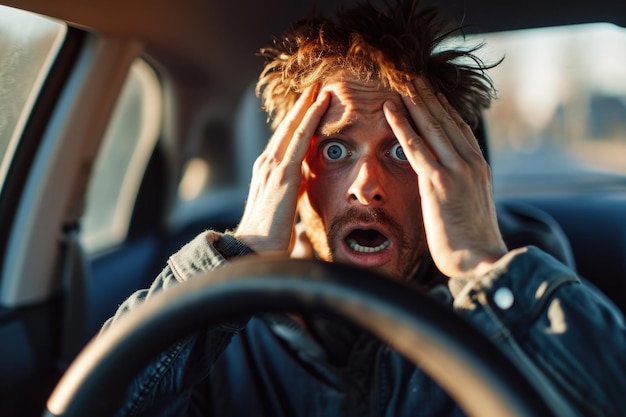 Foto un uomo seduto al volante di un'auto che si afferra la testa in stato di shock trasmette il concetto di un'assicurazione contro gli incidenti e di stress emotivo