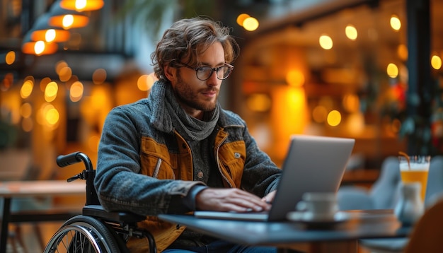 Man sitting wheel chair using laptop Generative AI