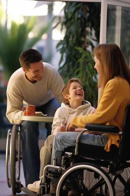 a man sitting in a wheel chair next to a woman