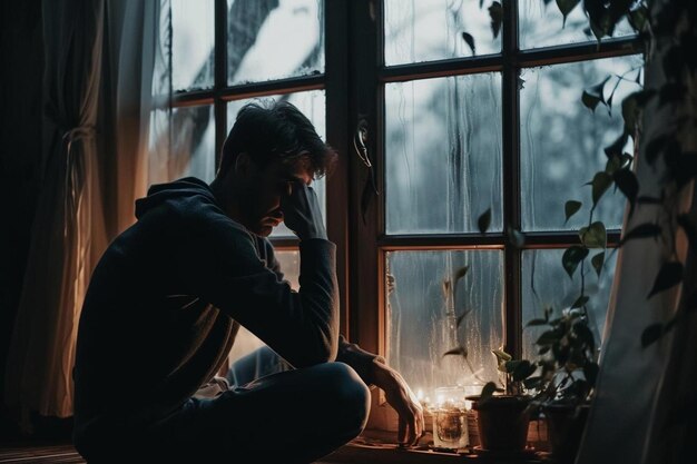 Photo a man sitting on a window sill looking out a window