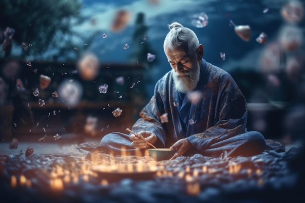 a man sitting with a candle