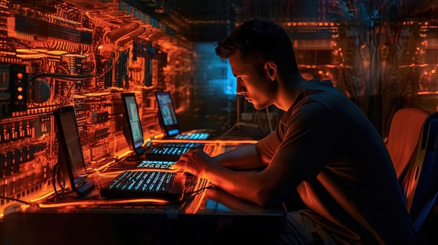 Man sitting with laptop in the secret laboratory Hacker sending the virus Generated AI