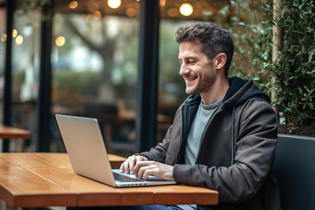 Photo man sitting with laptop