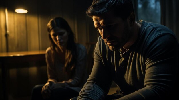 a man sitting next to a woman in a dark room