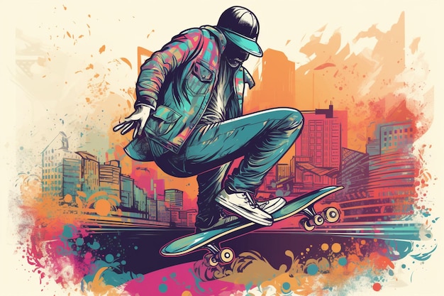 A man on a skateboard in a cityscape.