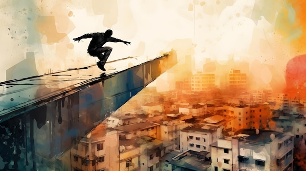 A man on a skateboard is riding on a ledge above a cityscape.