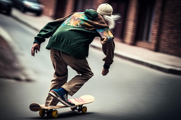 초록색 재킷을 입고 거리를 스케이트보드를 타는 남자.