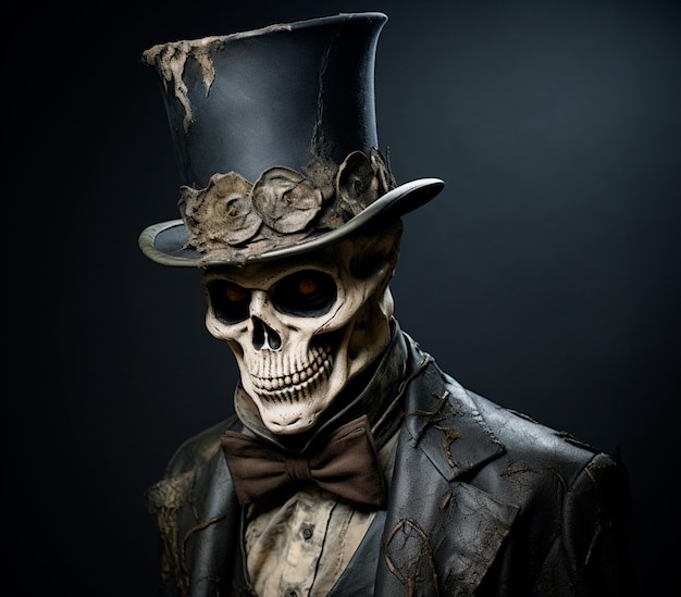 a man skeleton costume wearing tuxedo and hat