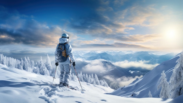 Man in ski goggles rides a snowboard from a snowy mountain