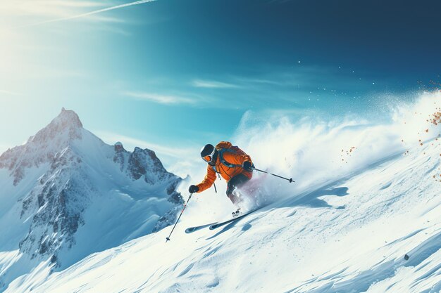 A man skiing down a snow covered mountain in winters