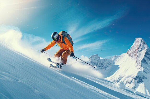 A man skiing down a snow covered mountain in winters