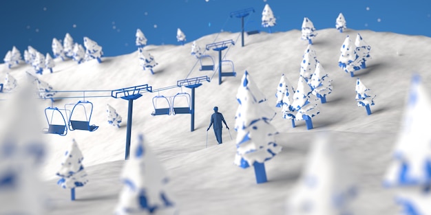 Man skiing in ski resort with chairlift. Copy space. 3D illustration.