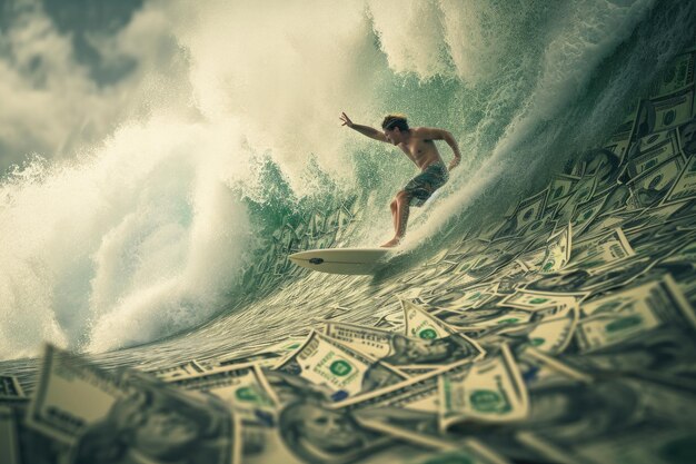 Photo a man skillfully rides a powerful wave on top of a surfboard showcasing his agility and balance man surfing on a wave of dollar bills representing financial success ai generated