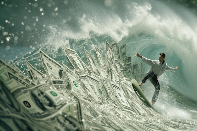 Photo a man skillfully rides a wave of money on top of a surfboard man surfing on a wave of dollar bills representing financial success ai generated