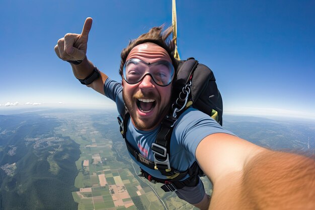  Premium AI Image | Man skydiving selfie made in the sky hight above