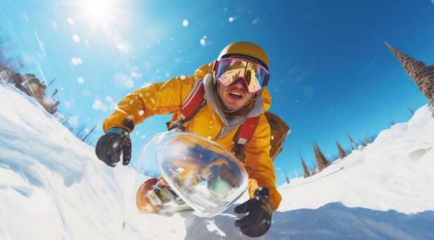 Photo a man sledding in the snow with safety gear on in the style of fisheye lens youthful energy