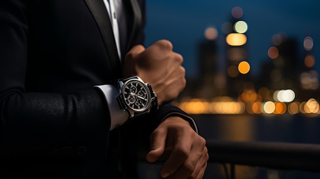 A man in a sleek suit and tie holding onto his watch