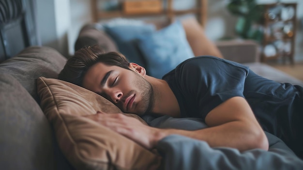 Foto l'uomo dorme sul divano nel soggiorno durante il giorno l'ora di sonno