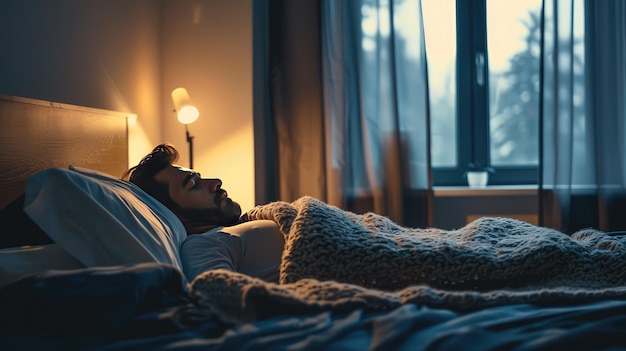 Foto uomo che dorme sul letto generato dall'ai immagine