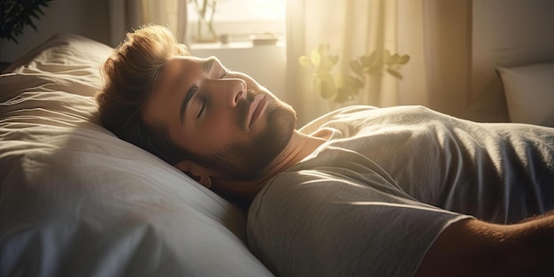 明るい光沢のあるスタイルで日光の下でベッドで寝ている男性